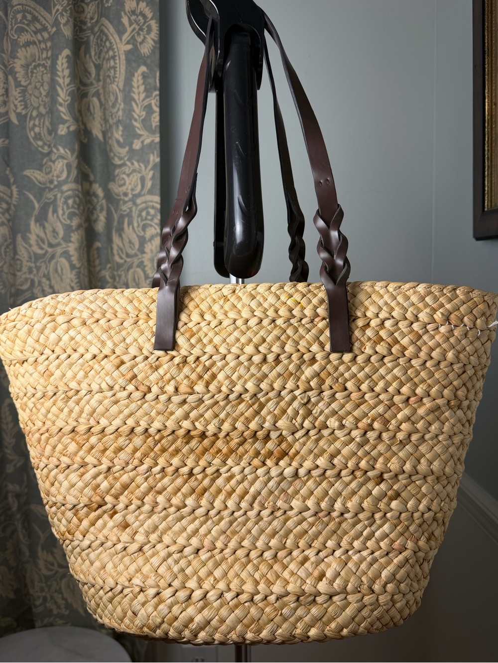 Anne Klein Natural Straw Tote with Brown Braided Handles